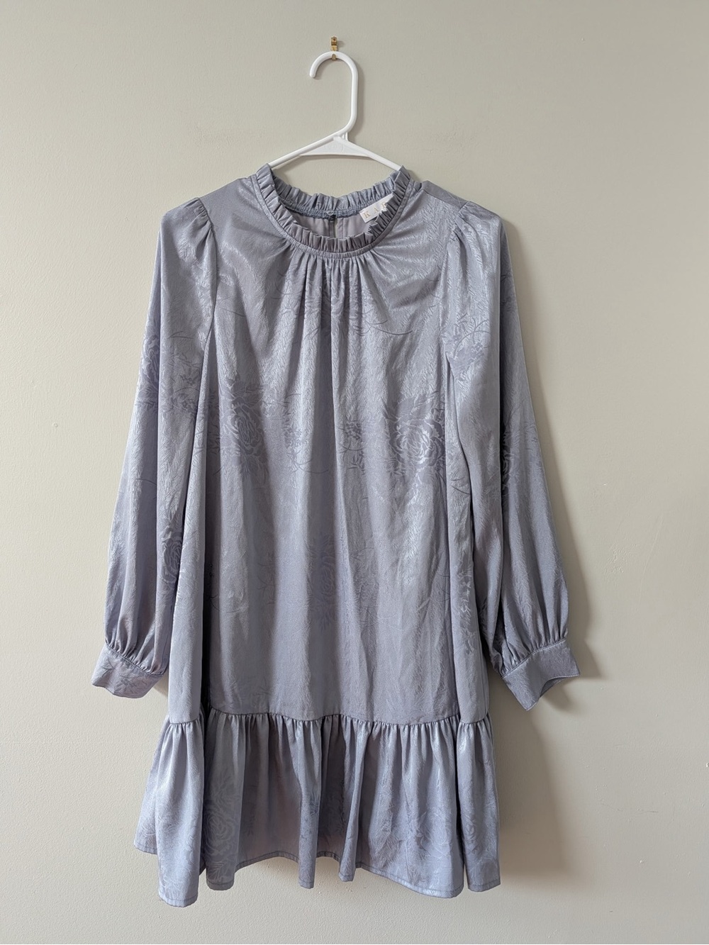 Karlie Blue Gray Floral Jacquard Ruffle Mini Dress